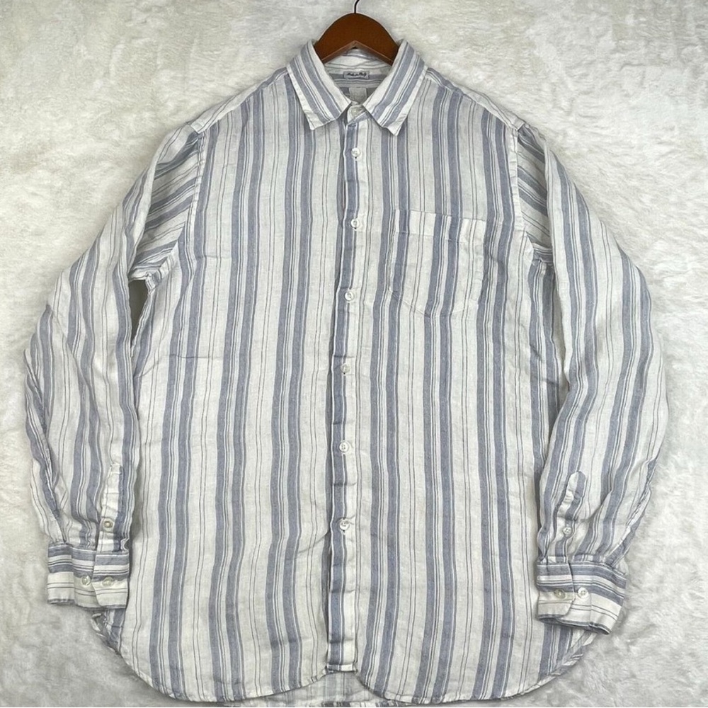 120% Lino Linen Long Sleeve Shirt Mens Size Large White Blue Striped Classic Fit